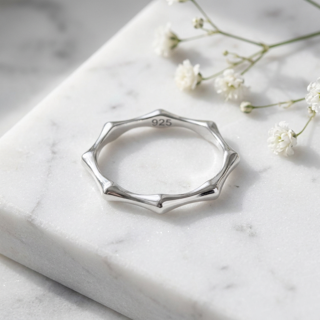 Sterling Silver 2.7mm Octagon Bone Bamboo Segment Stacking Band Ring for Women life1