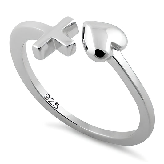 Sterling Silver 1.3mm Open Cuff X and Puffed Heart Hugs and Kisses Ring for Women