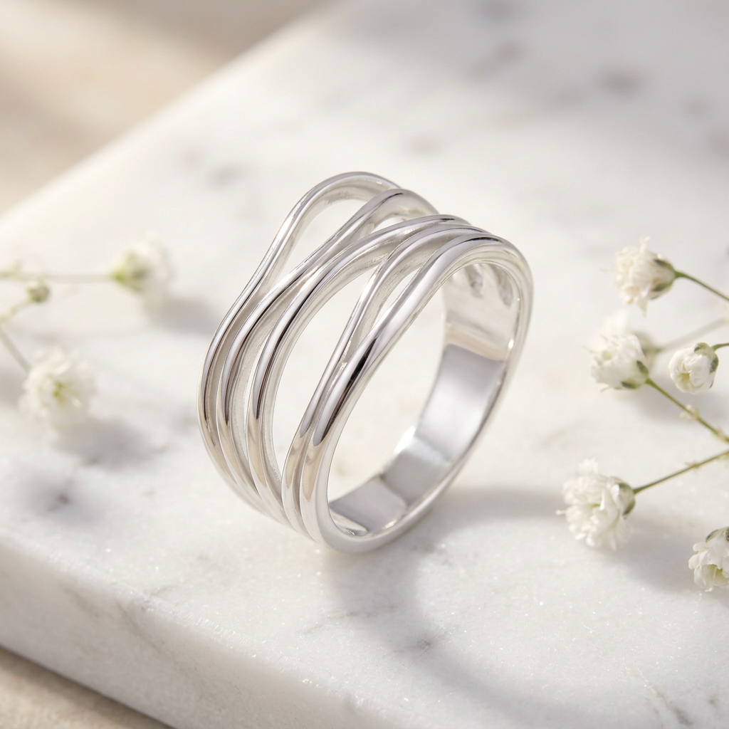 Sterling Silver 6.8mm Layered Wire Wave Statement Ring for Women life1