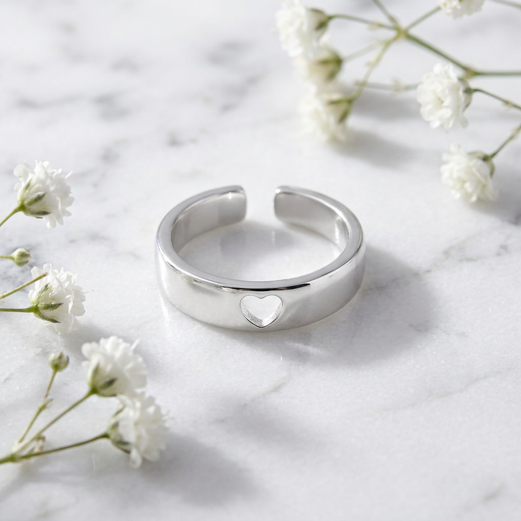 Sterling Silver 3.8mm Open Cuff Band Ring with Heart Cutout for Women life1