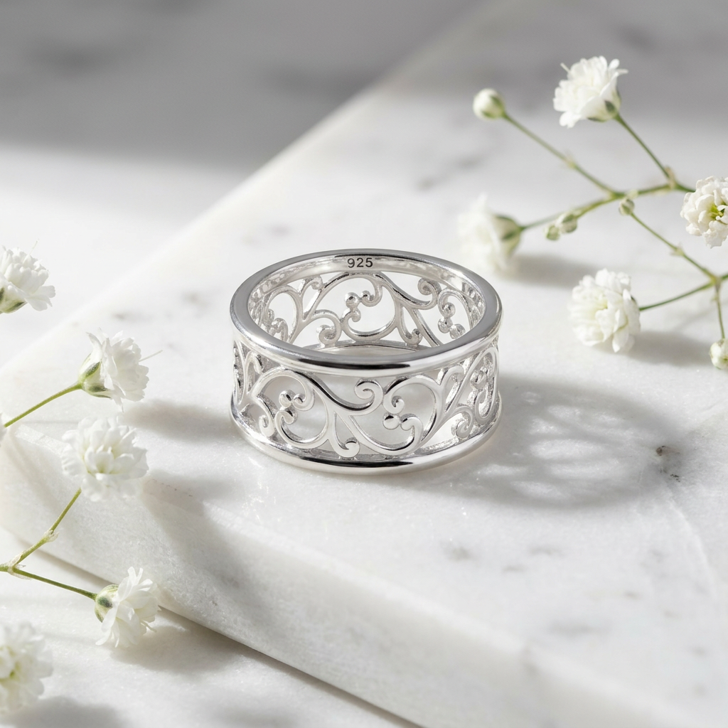 Sterling Silver 9mm Filigree Vine Scroll Wide Band Ring for Women life1