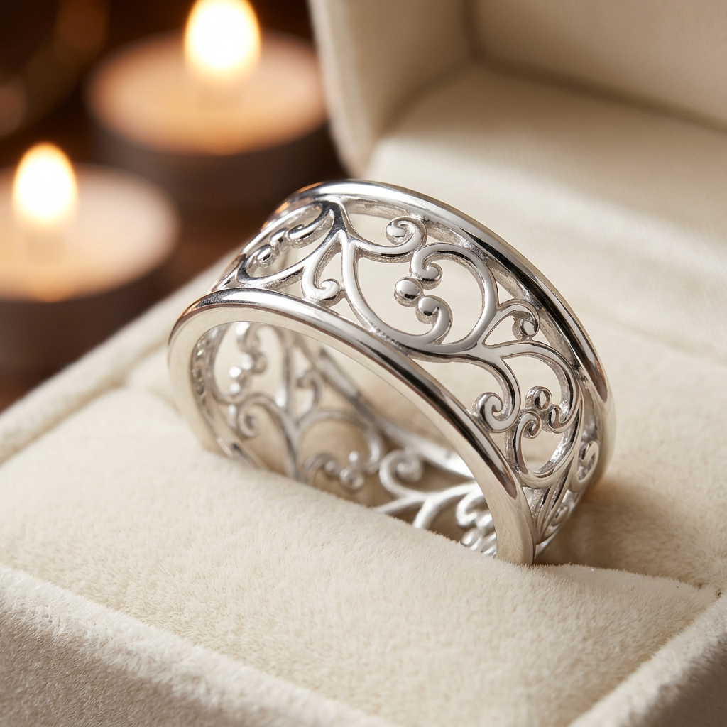 Sterling Silver 9mm Filigree Vine Scroll Wide Band Ring for Women life3