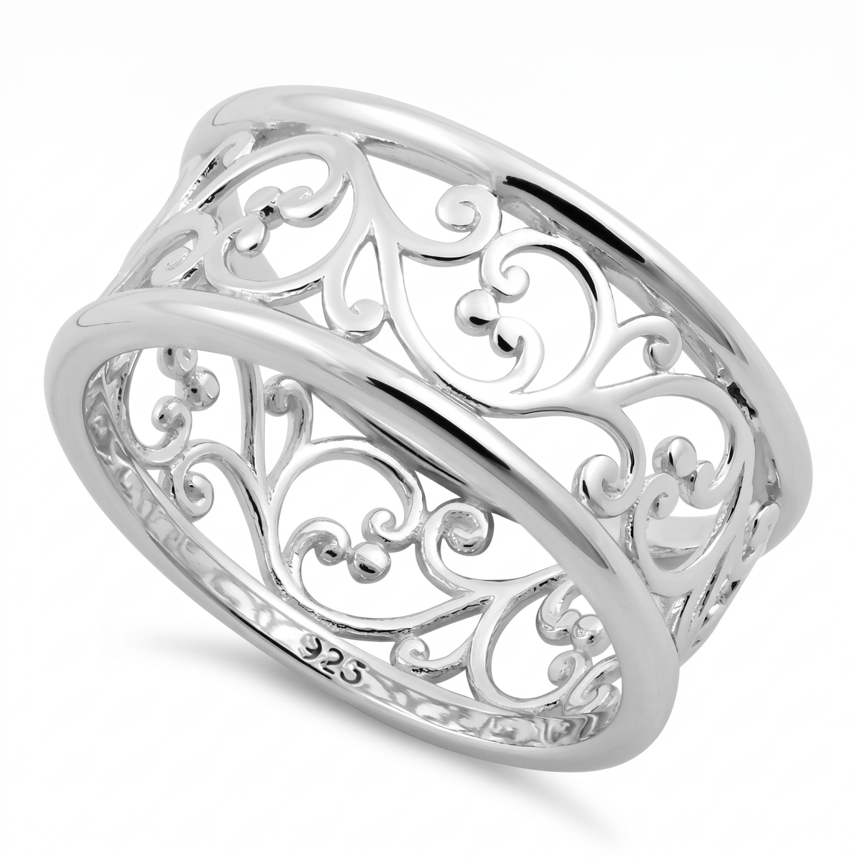 Sterling Silver 9mm Filigree Vine Scroll Wide Band Ring for Women