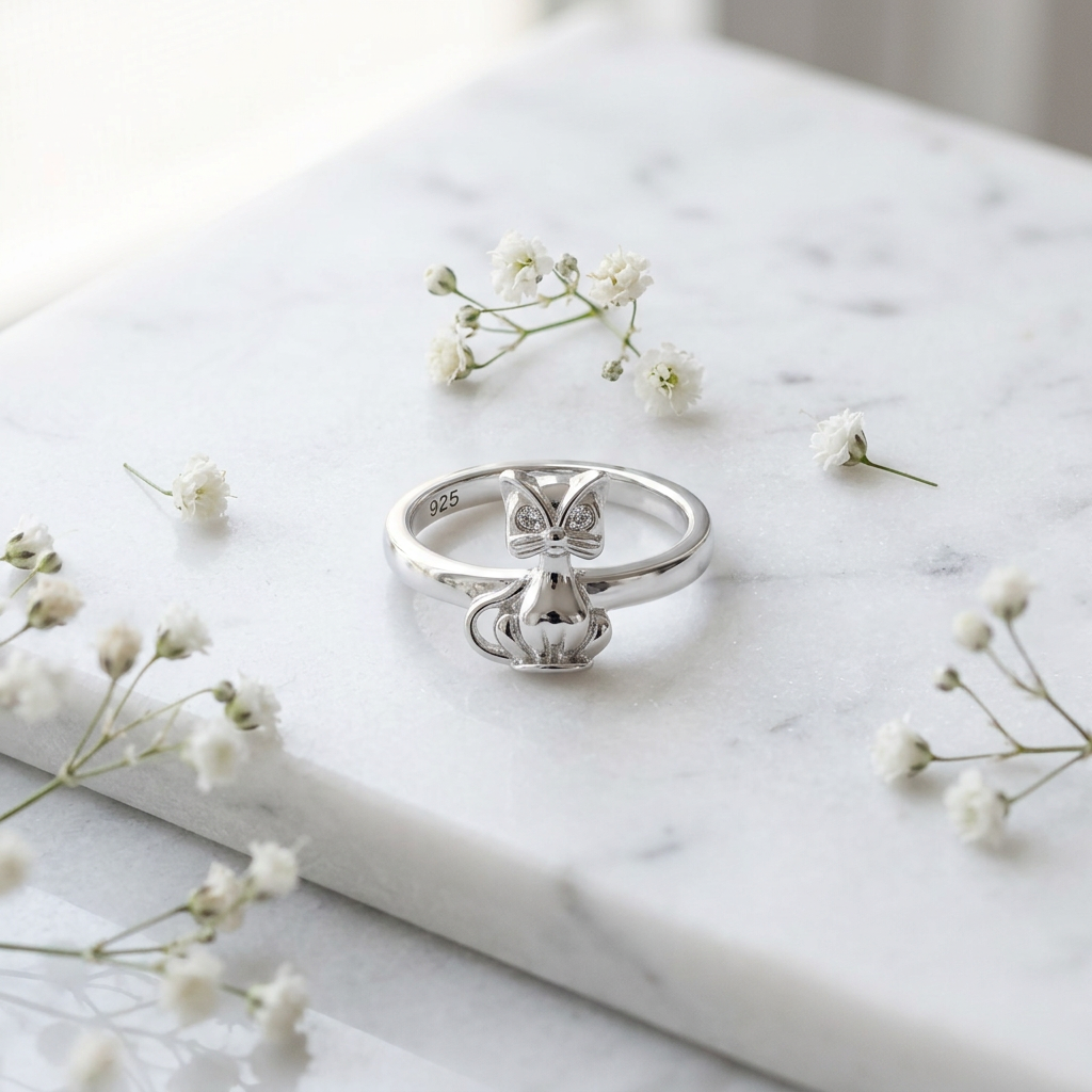 Sterling Silver 2.5mm Whiskered Sitting Cat Figure Ring for Women life1