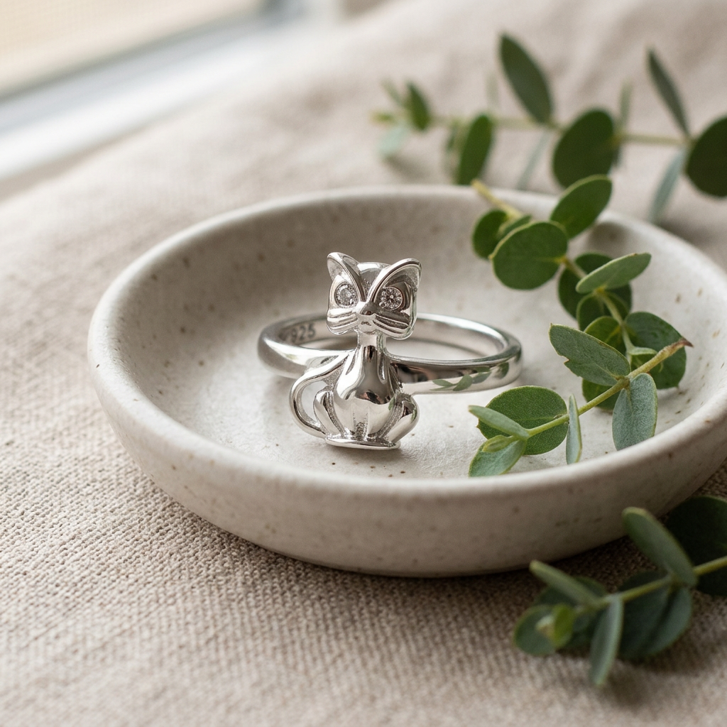 Sterling Silver 2.5mm Whiskered Sitting Cat Figure Ring for Women life2
