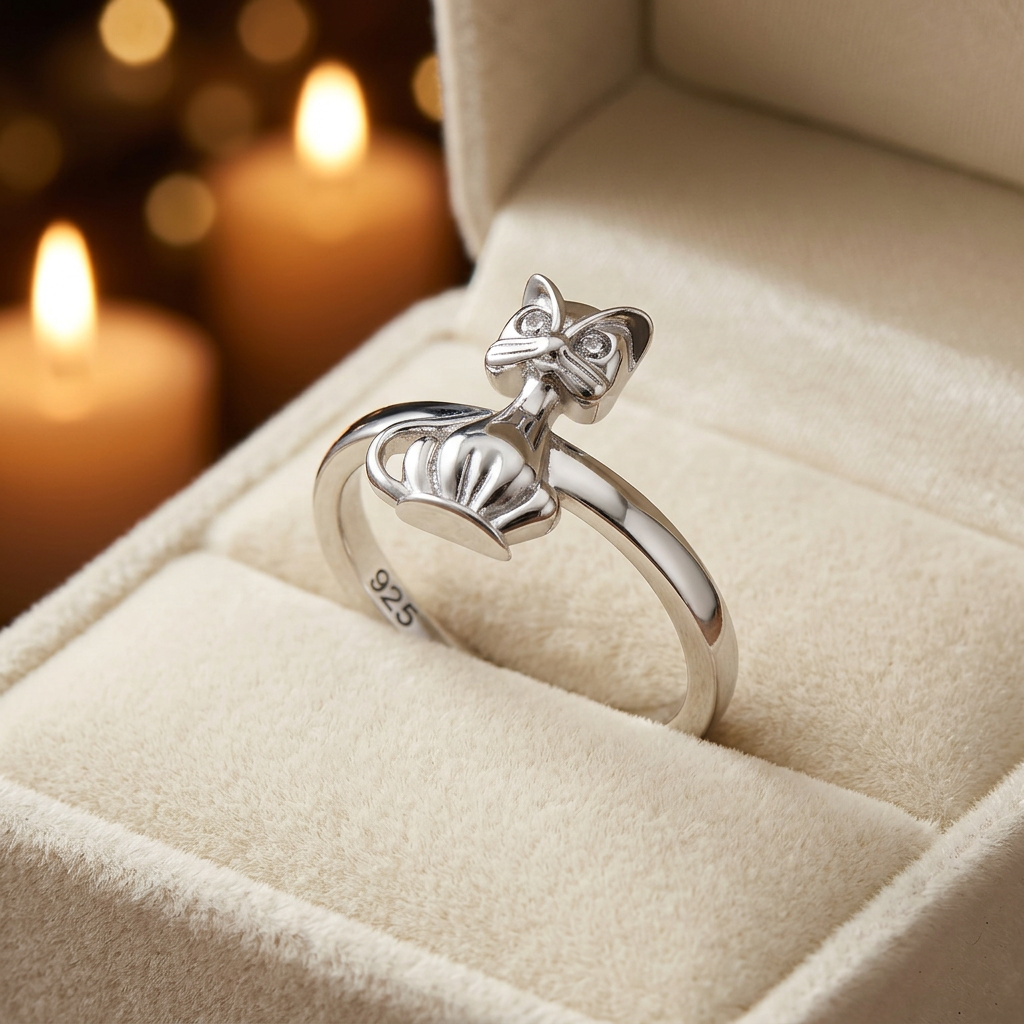 Sterling Silver 2.5mm Whiskered Sitting Cat Figure Ring for Women life3