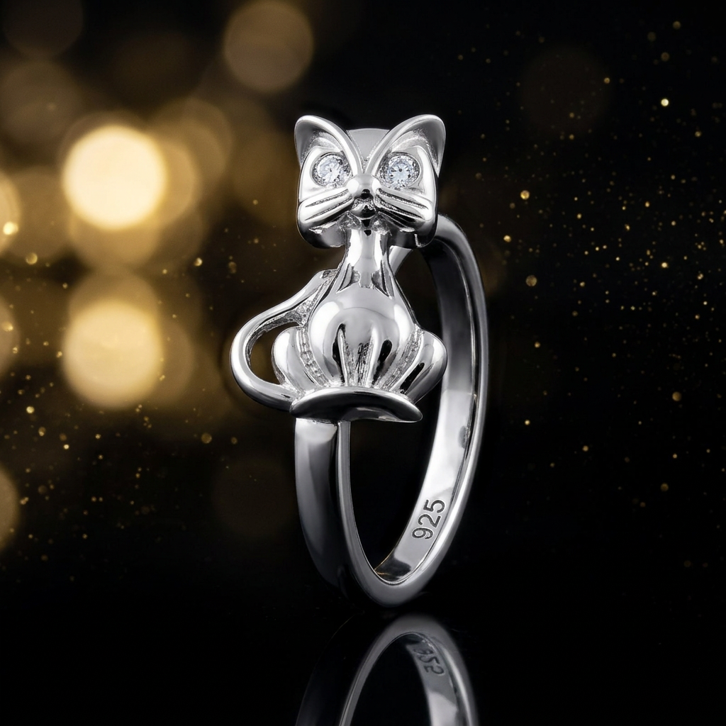 Sterling Silver 2.5mm Whiskered Sitting Cat Figure Ring for Women life4