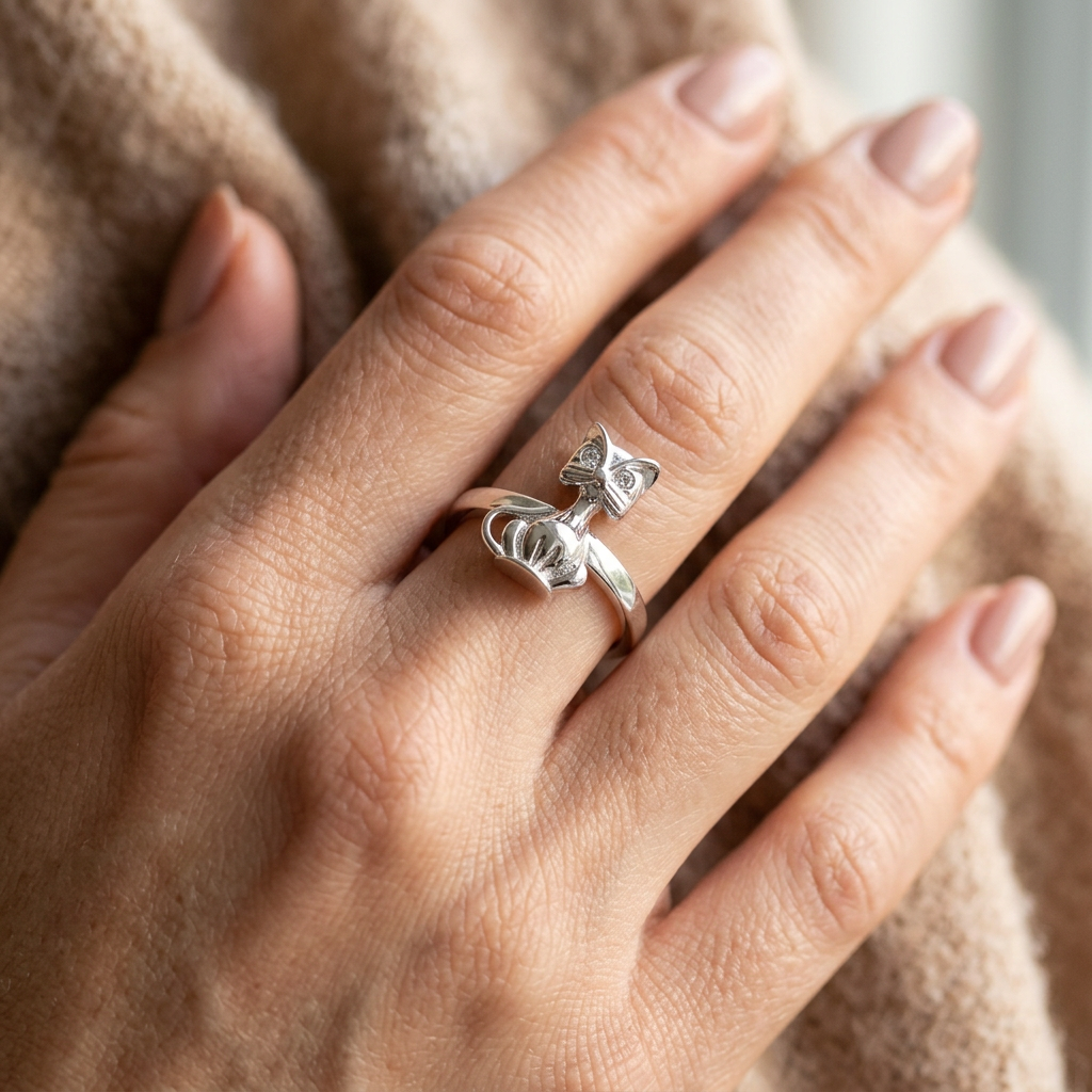 Sterling Silver 2.5mm Whiskered Sitting Cat Figure Ring for Women model