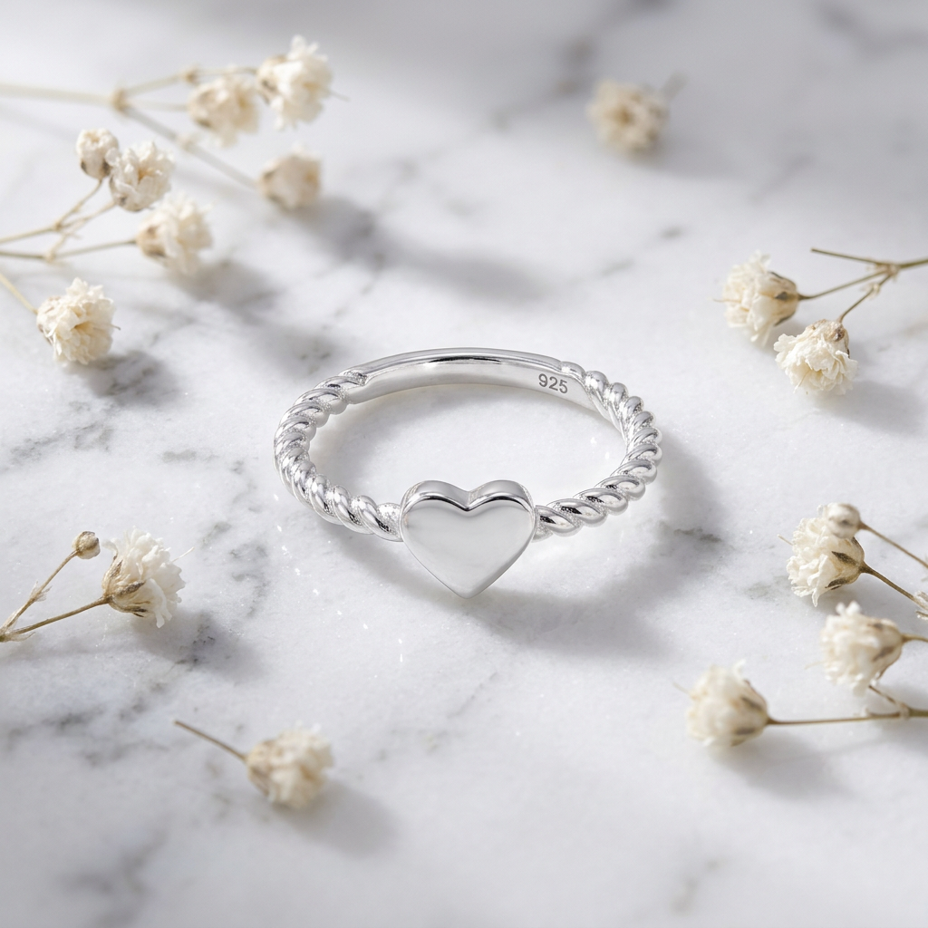 Sterling Silver Heart on Rope Twist Band Ring for Women life1