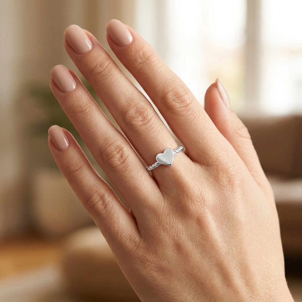 Sterling Silver Heart on Rope Twist Band Ring for Women model