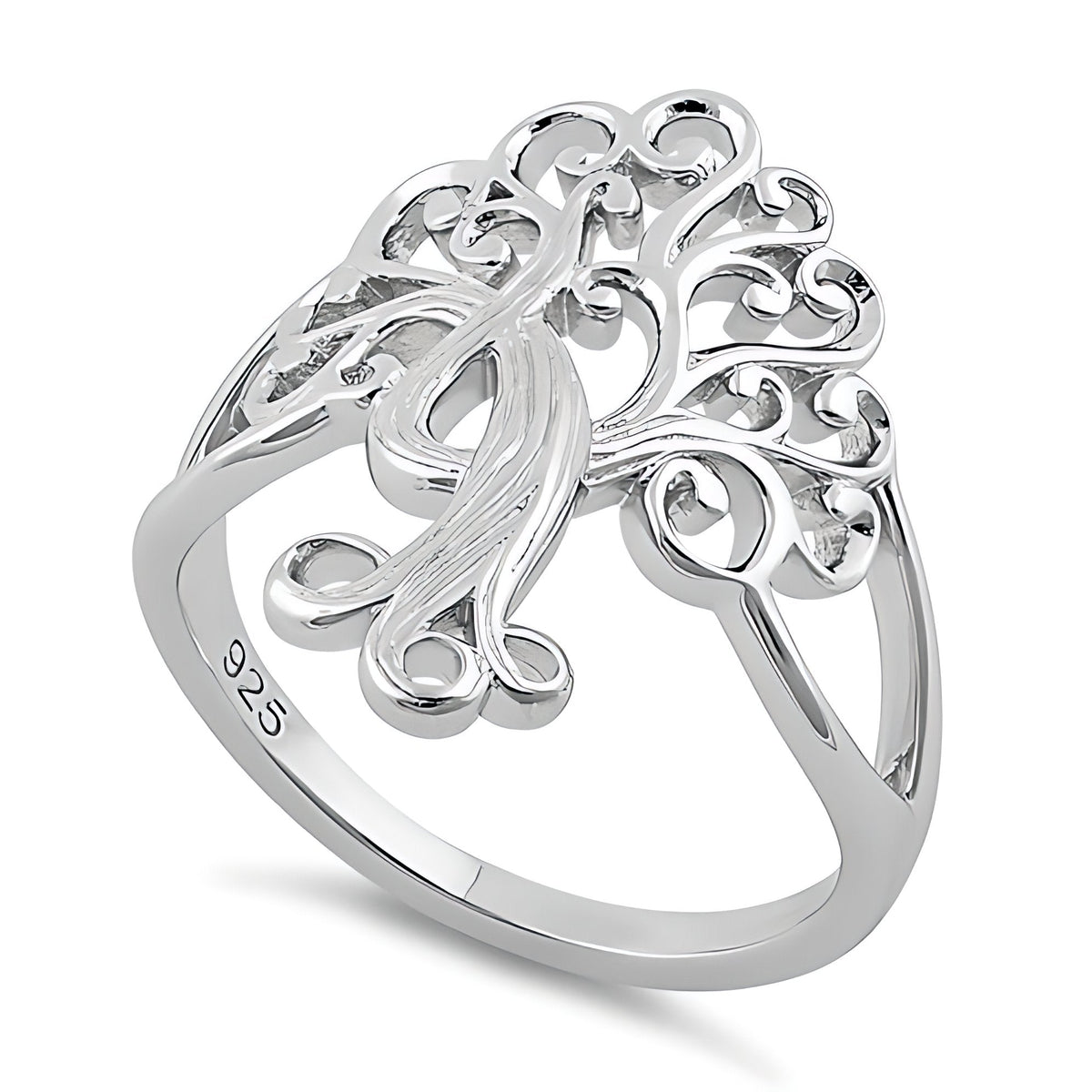 Sterling Silver 3.7mm Filigree Swirl Tree of Life Split Shank Ring for Women