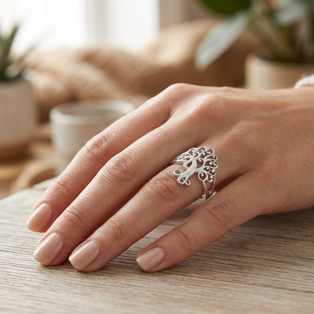 Sterling Silver 3.7mm Filigree Swirl Tree of Life Split Shank Ring for Women model