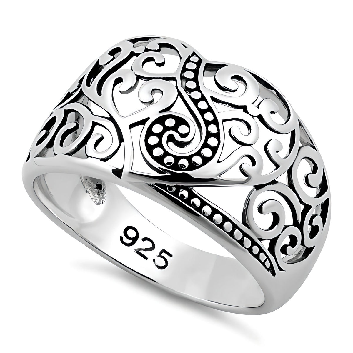 Sterling Silver 8.3mm Oxidized Bali Filigree Heart Domed Band Ring for Women