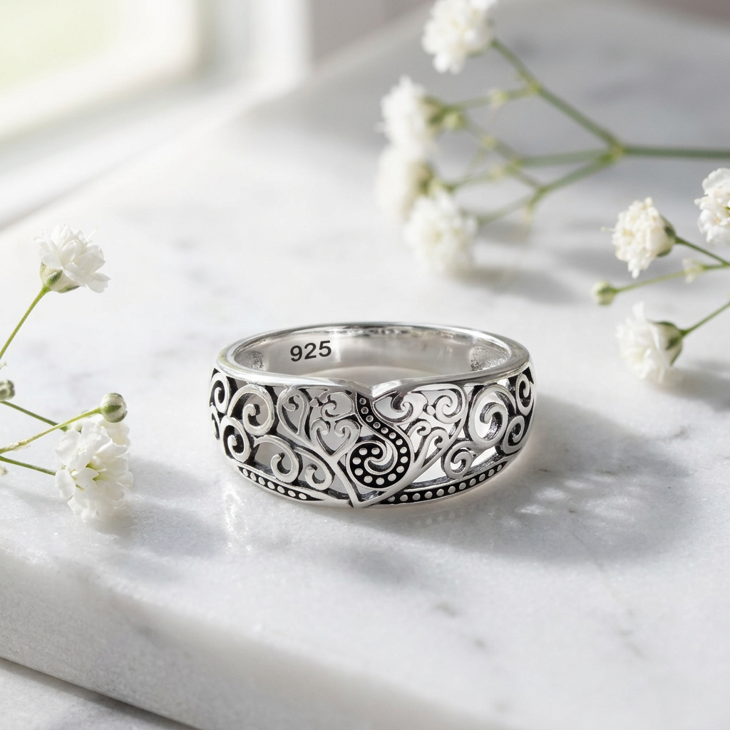 Sterling Silver 8.3mm Oxidized Bali Filigree Heart Domed Band Ring for Women life1