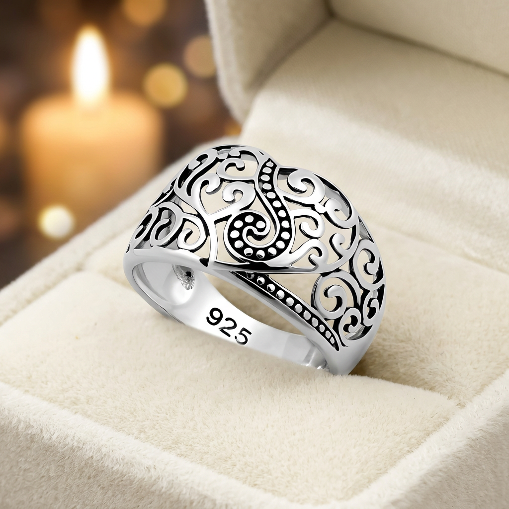 Sterling Silver 8.3mm Oxidized Bali Filigree Heart Domed Band Ring for Women life3