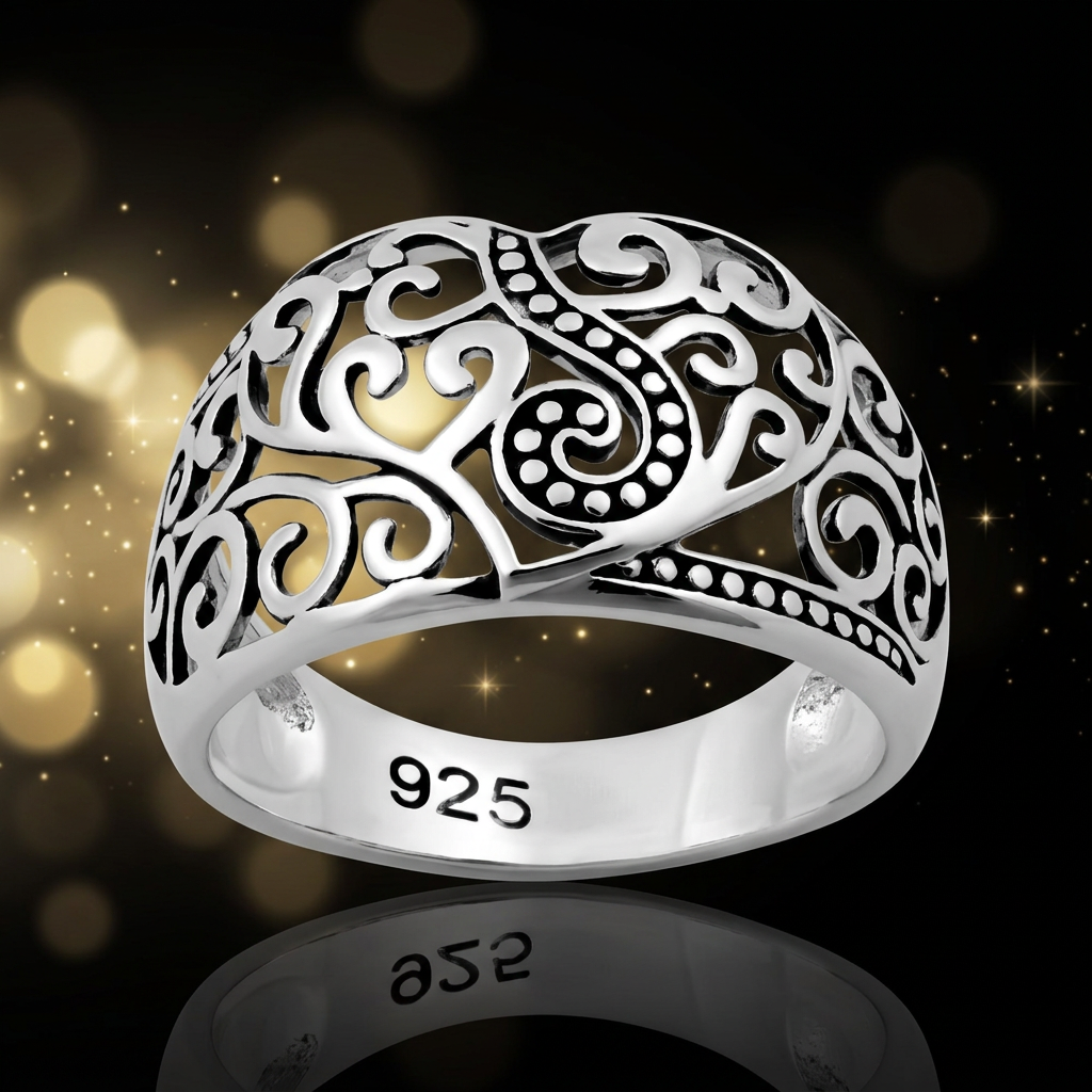 Sterling Silver 8.3mm Oxidized Bali Filigree Heart Domed Band Ring for Women life4