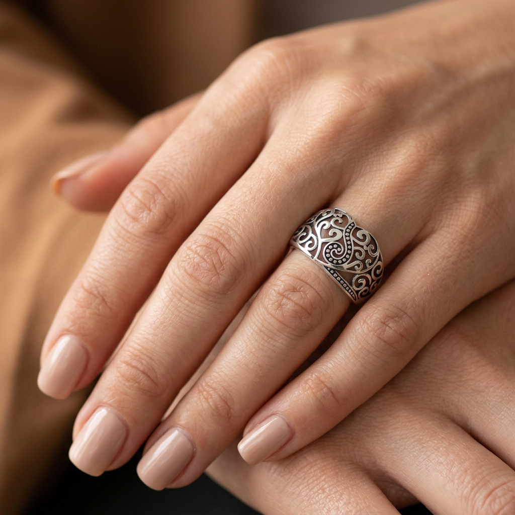 Sterling Silver 8.3mm Oxidized Bali Filigree Heart Domed Band Ring for Women model