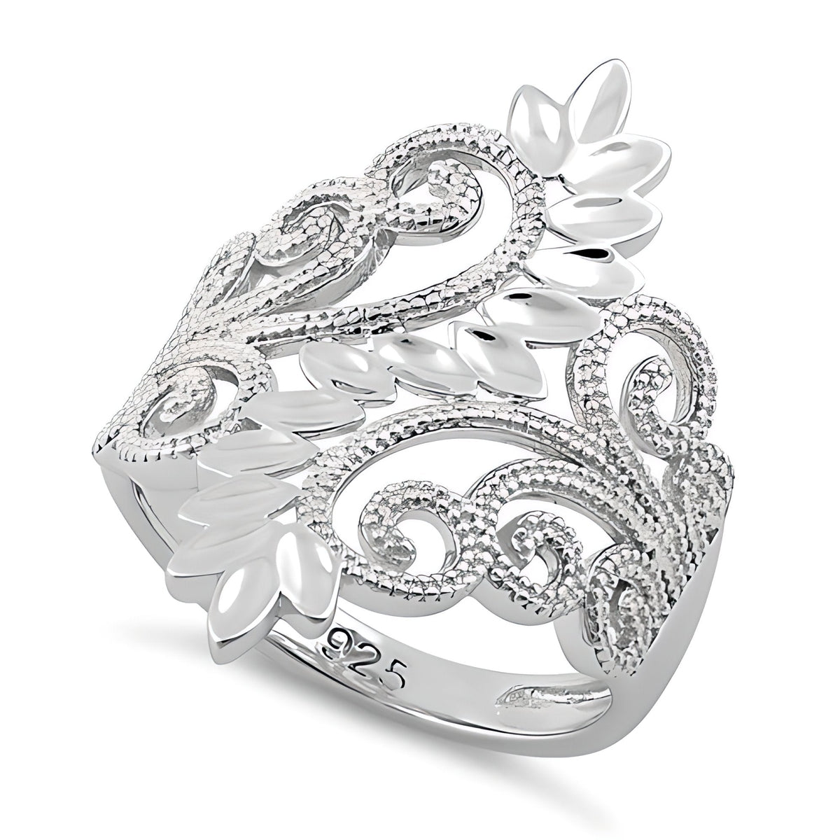 Sterling Silver Beaded Filigree Vine and Leaf Spray Statement Ring for Women