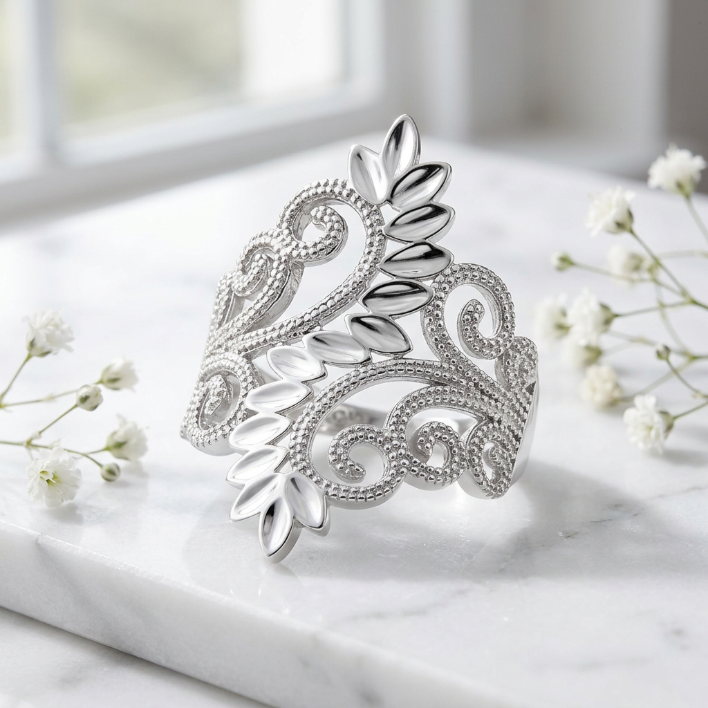 Sterling Silver Beaded Filigree Vine and Leaf Spray Statement Ring for Women life1