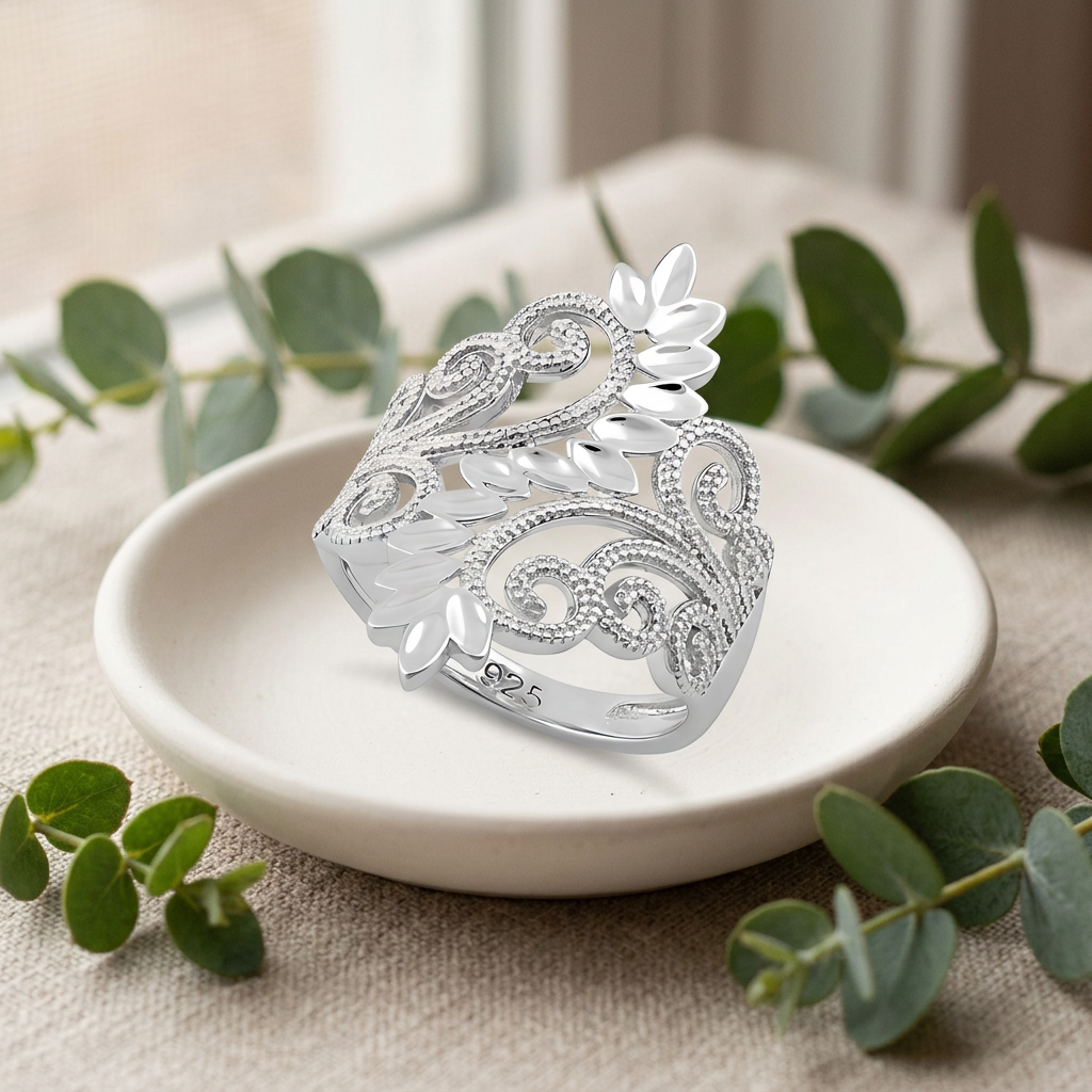 Sterling Silver Beaded Filigree Vine and Leaf Spray Statement Ring for Women life2