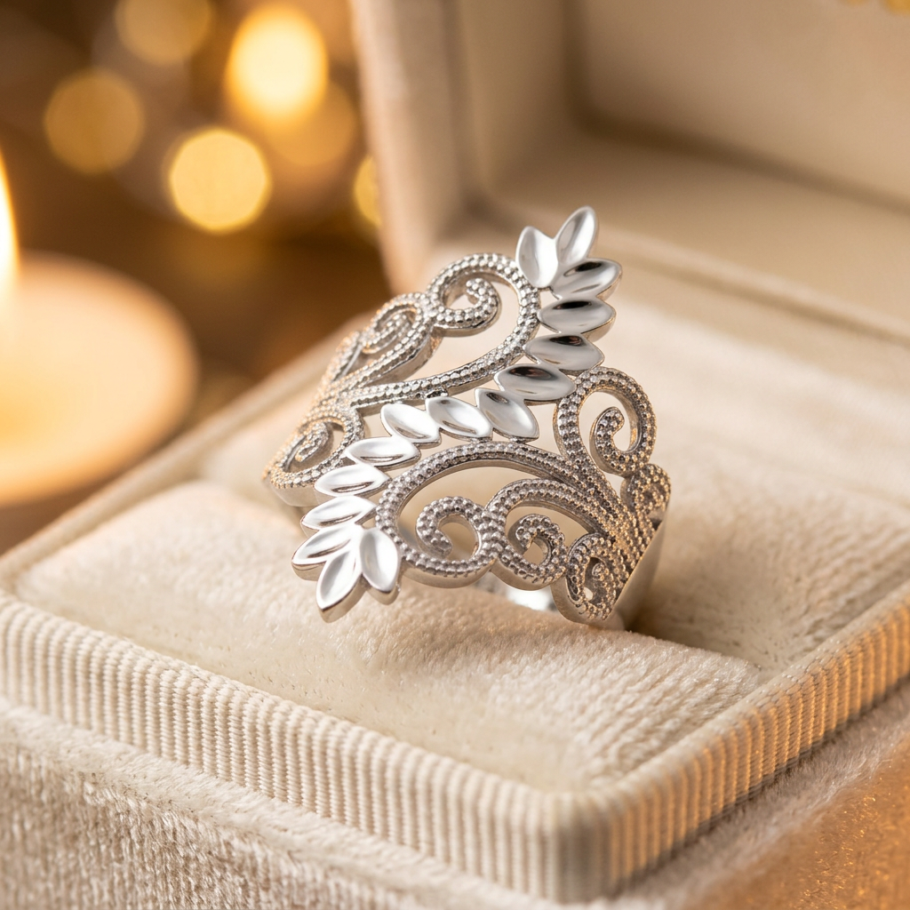 Sterling Silver Beaded Filigree Vine and Leaf Spray Statement Ring for Women life3