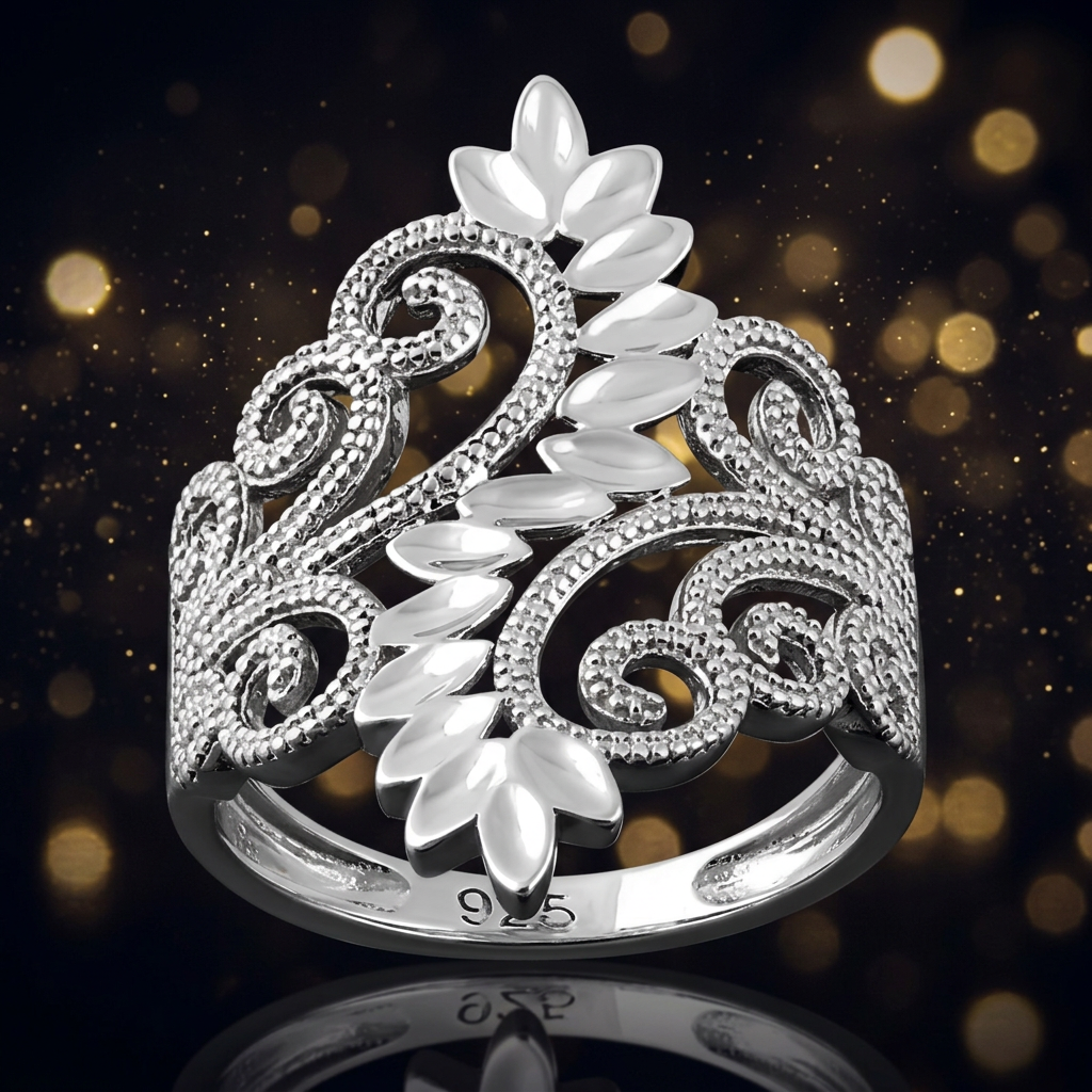 Sterling Silver Beaded Filigree Vine and Leaf Spray Statement Ring for Women life4