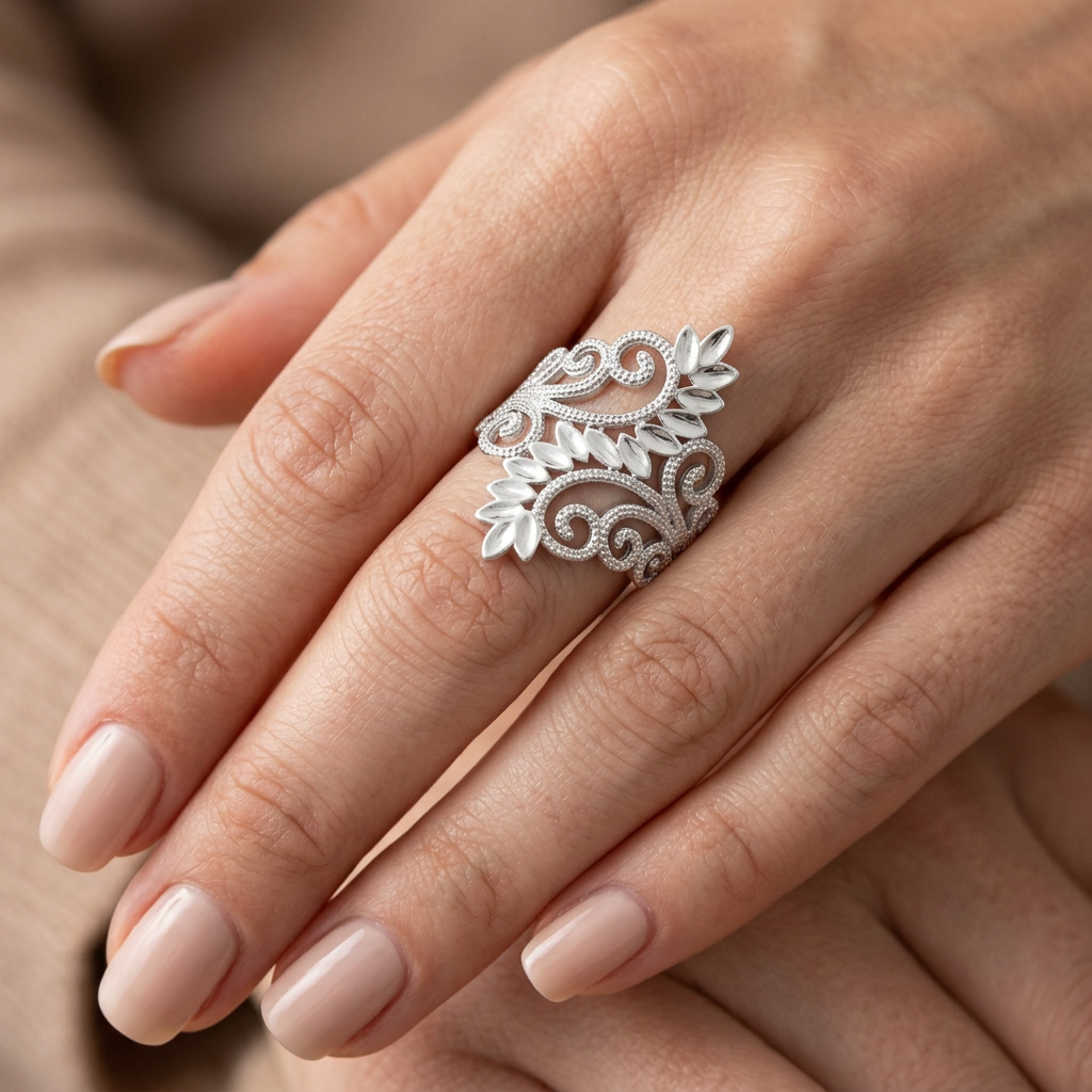 Sterling Silver Beaded Filigree Vine and Leaf Spray Statement Ring for Women model