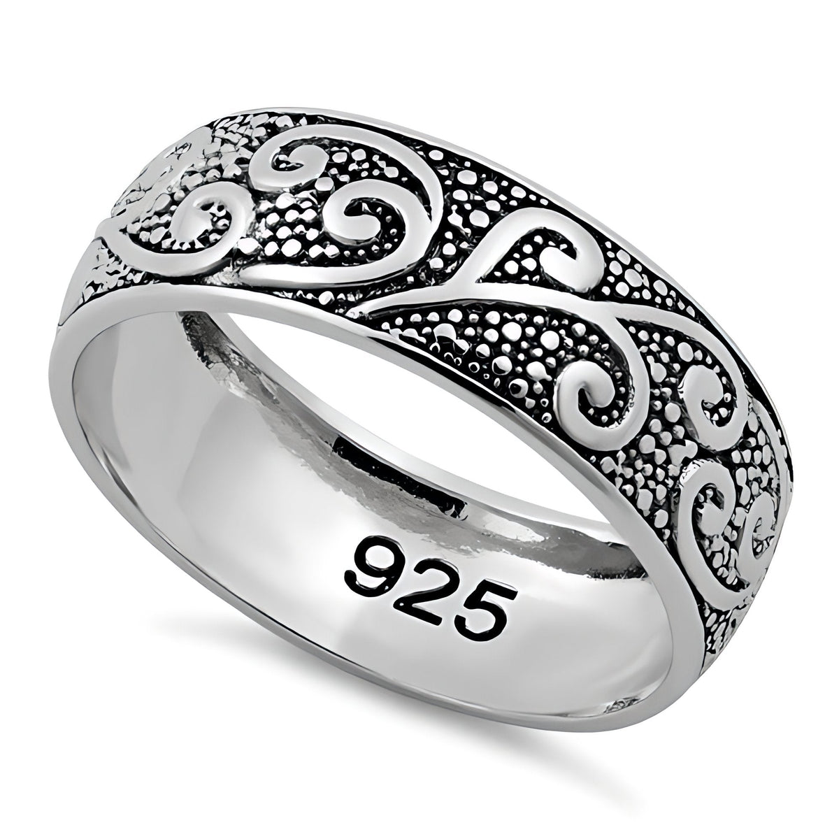 Sterling Silver Oxidized Vine Scroll Beaded Texture 6.5mm Band Ring for Women