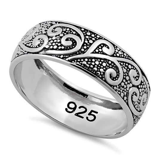 Sterling Silver Oxidized Vine Scroll Beaded Texture 6.5mm Band Ring for Women