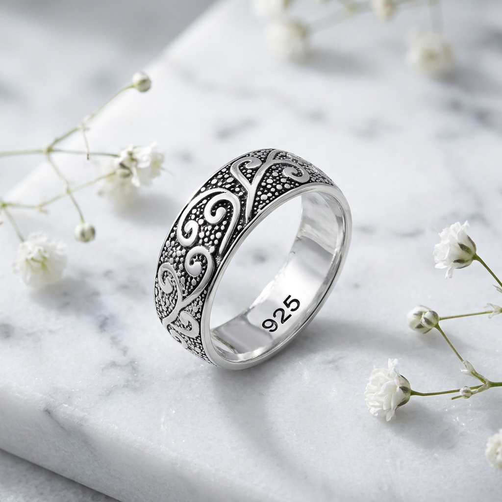 Sterling Silver Oxidized Vine Scroll Beaded Texture 6.5mm Band Ring for Women life1