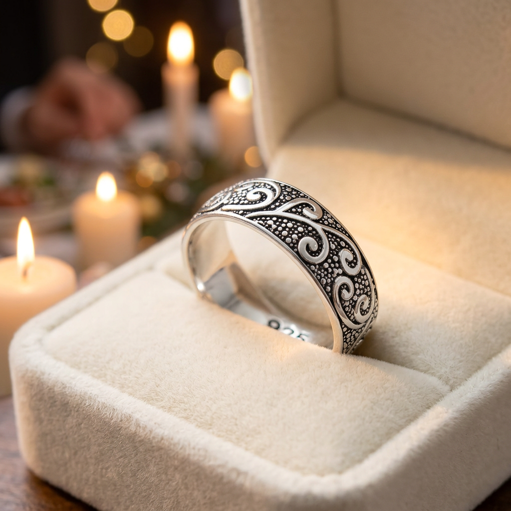 Sterling Silver Oxidized Vine Scroll Beaded Texture 6.5mm Band Ring for Women life3