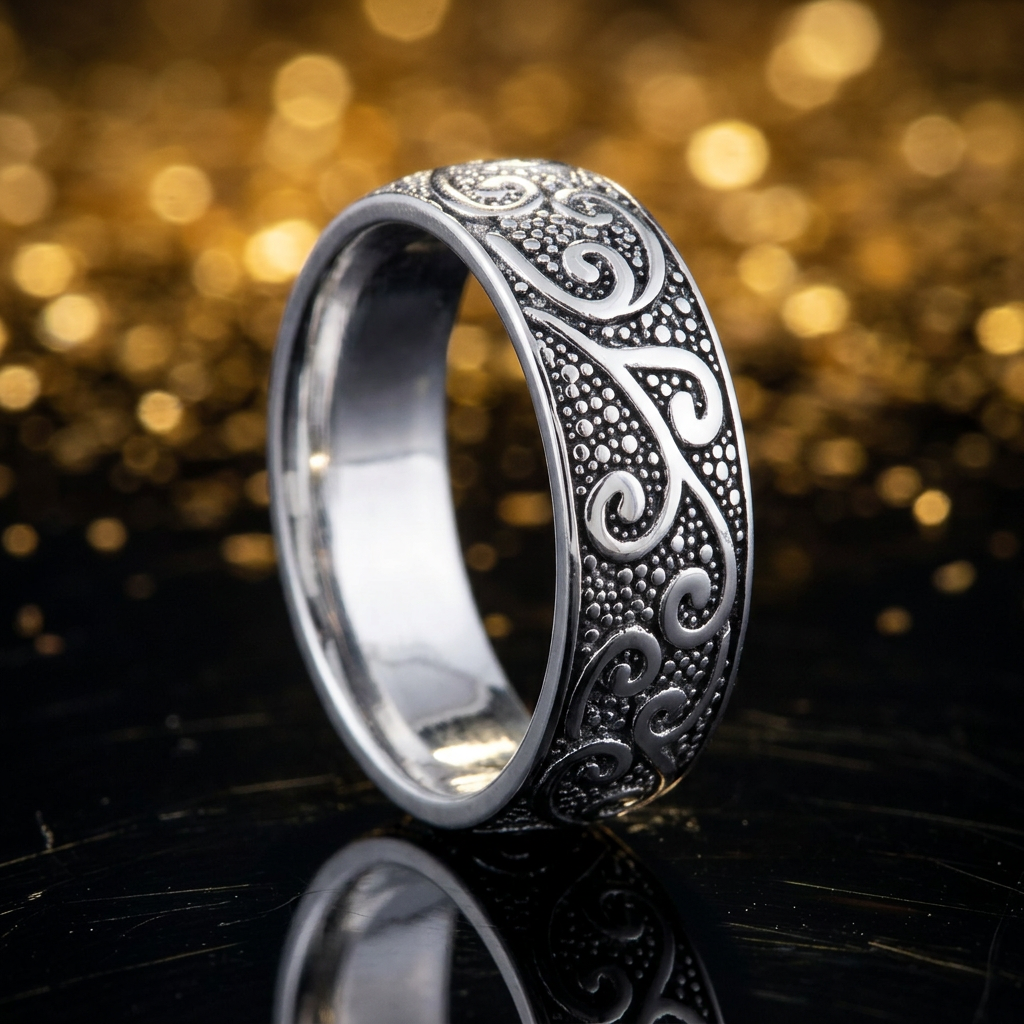 Sterling Silver Oxidized Vine Scroll Beaded Texture 6.5mm Band Ring for Women life4