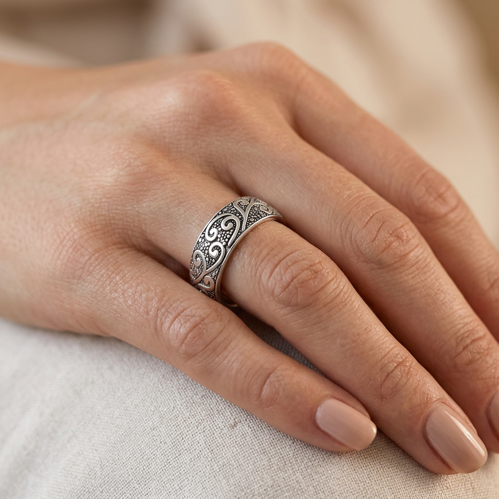 Sterling Silver Oxidized Vine Scroll Beaded Texture 6.5mm Band Ring for Women model