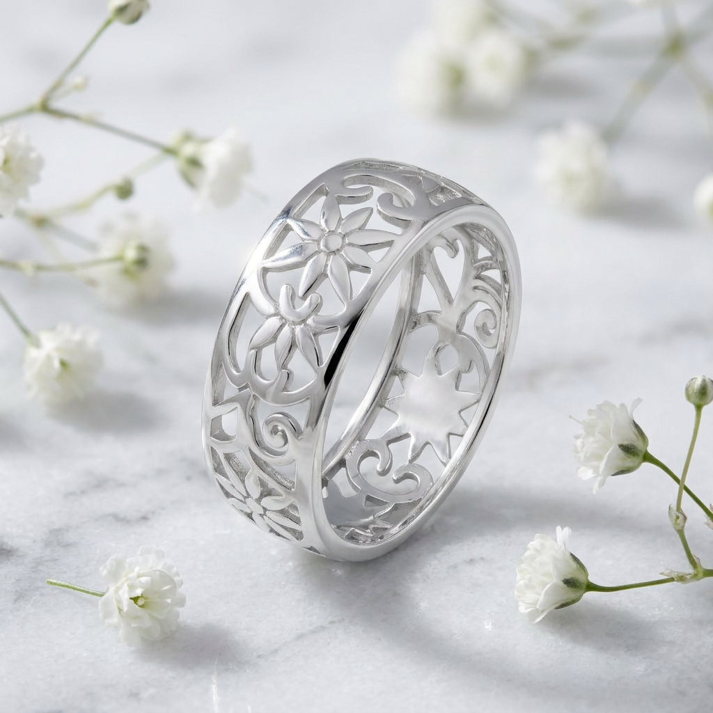 Sterling Silver 7mm Openwork Flower Eternity Band Ring for Women life1