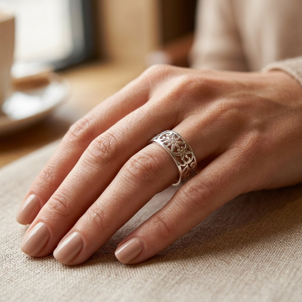 Sterling Silver 7mm Openwork Flower Eternity Band Ring for Women model