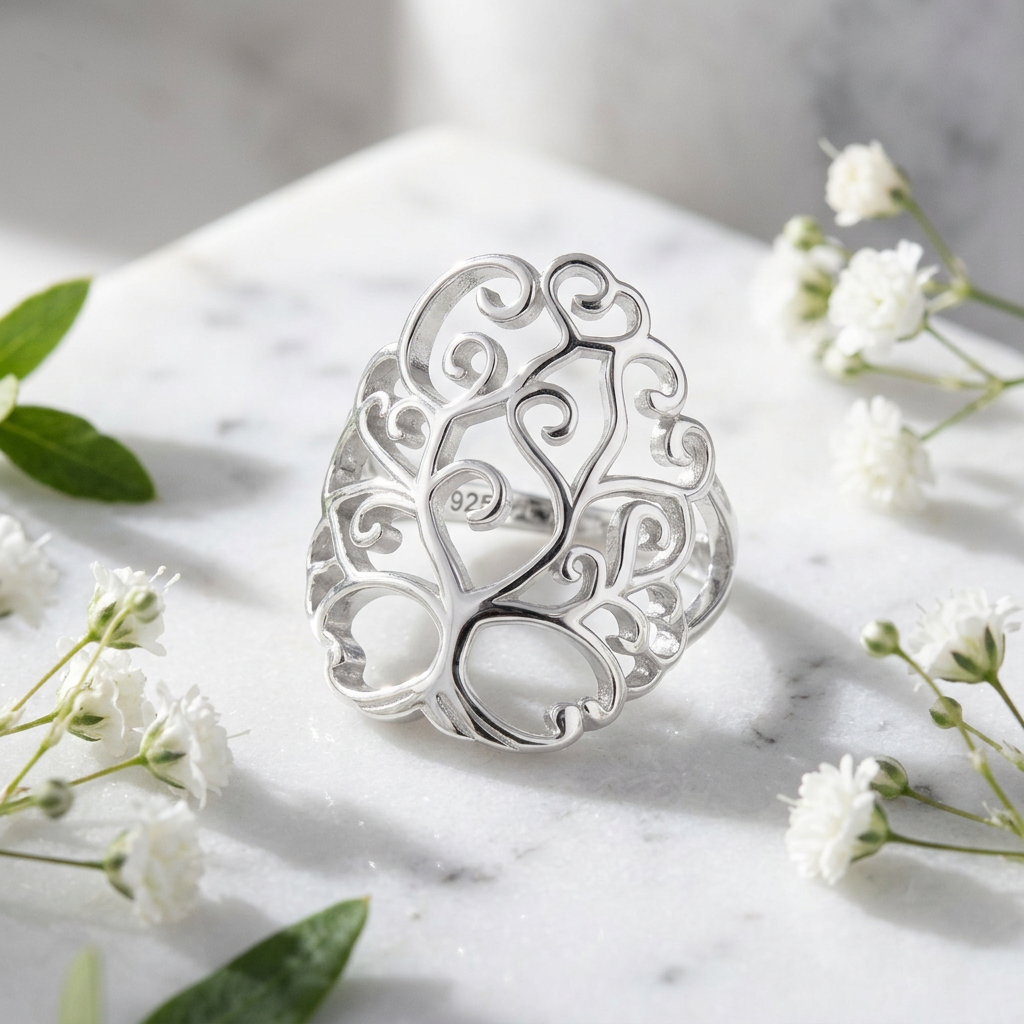 Sterling Silver 24.9mm Long Openwork Tree of Life Filigree Statement Ring for Women life1