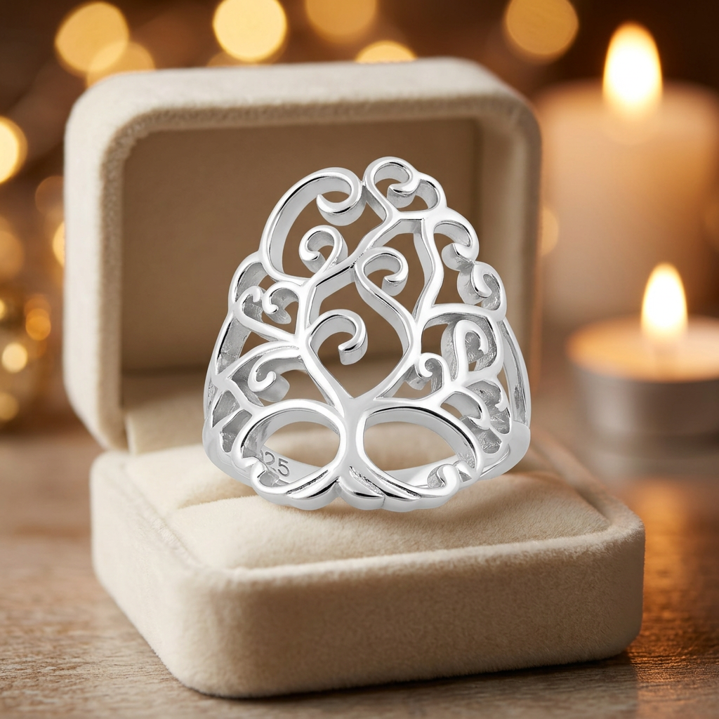 Sterling Silver 24.9mm Long Openwork Tree of Life Filigree Statement Ring for Women life3