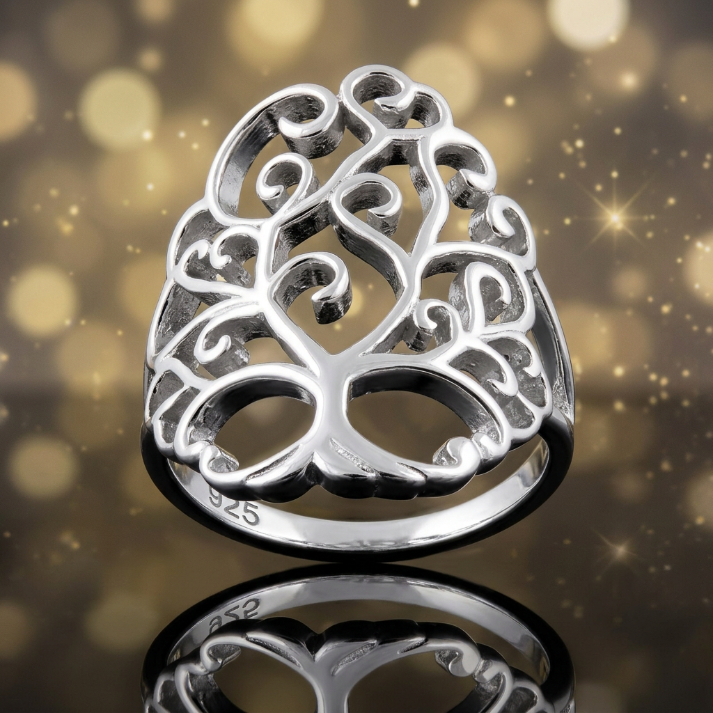Sterling Silver 24.9mm Long Openwork Tree of Life Filigree Statement Ring for Women life4