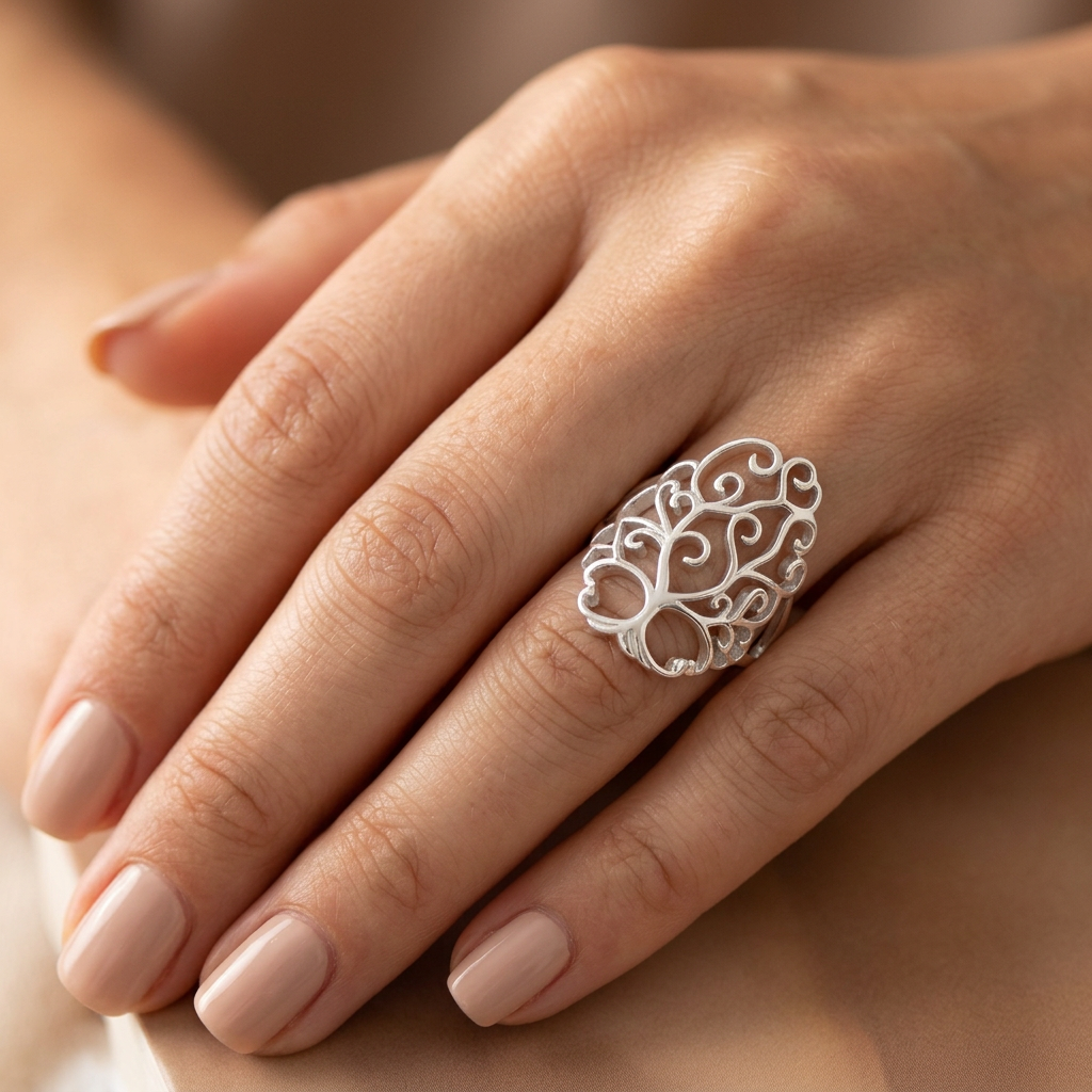 Sterling Silver 24.9mm Long Openwork Tree of Life Filigree Statement Ring for Women model