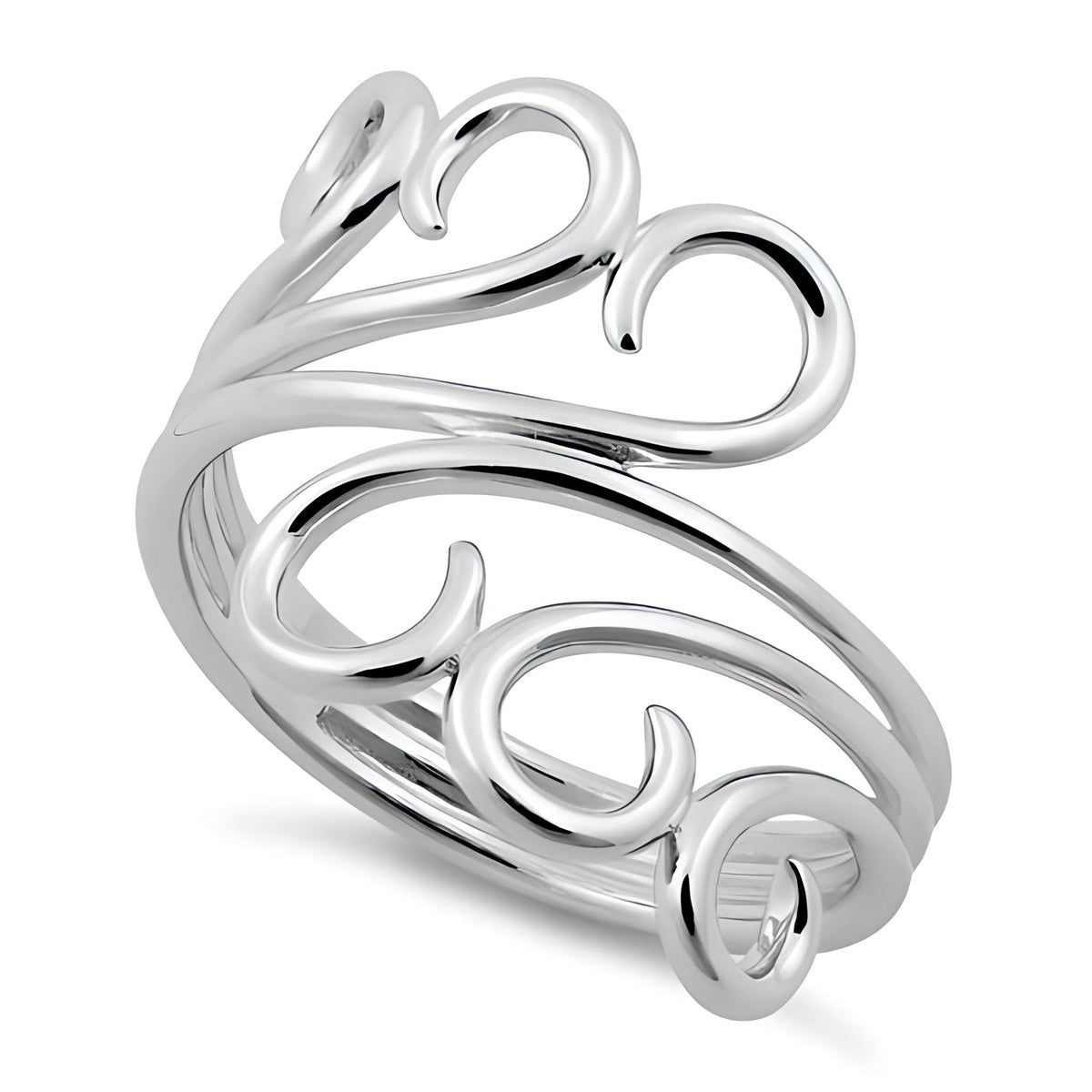 Sterling Silver 18.3mm Triple Wire Swirl Curl Bypass Ring for Women