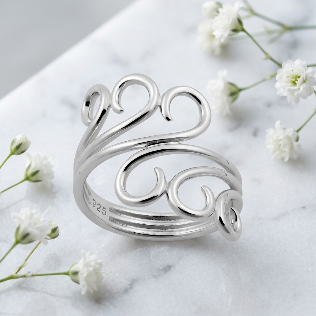 Sterling Silver 18.3mm Triple Wire Swirl Curl Bypass Ring for Women life1