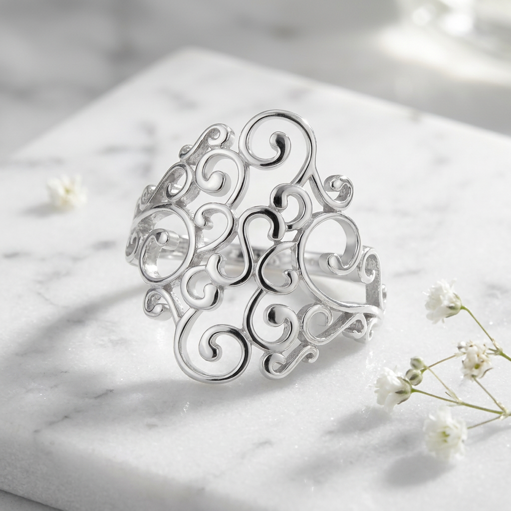 Sterling Silver Openwork Scroll Vine Ring for Women life1