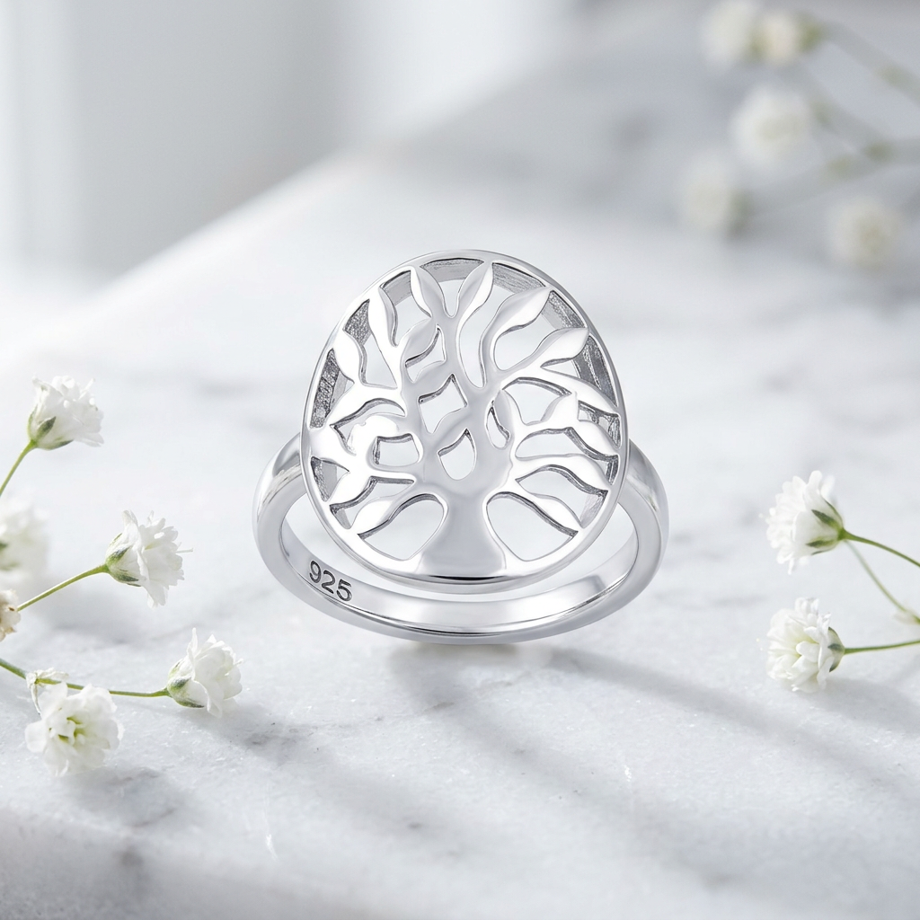 Sterling Silver 16.1mm Oval Openwork Tree of Life Statement Ring for Women life1