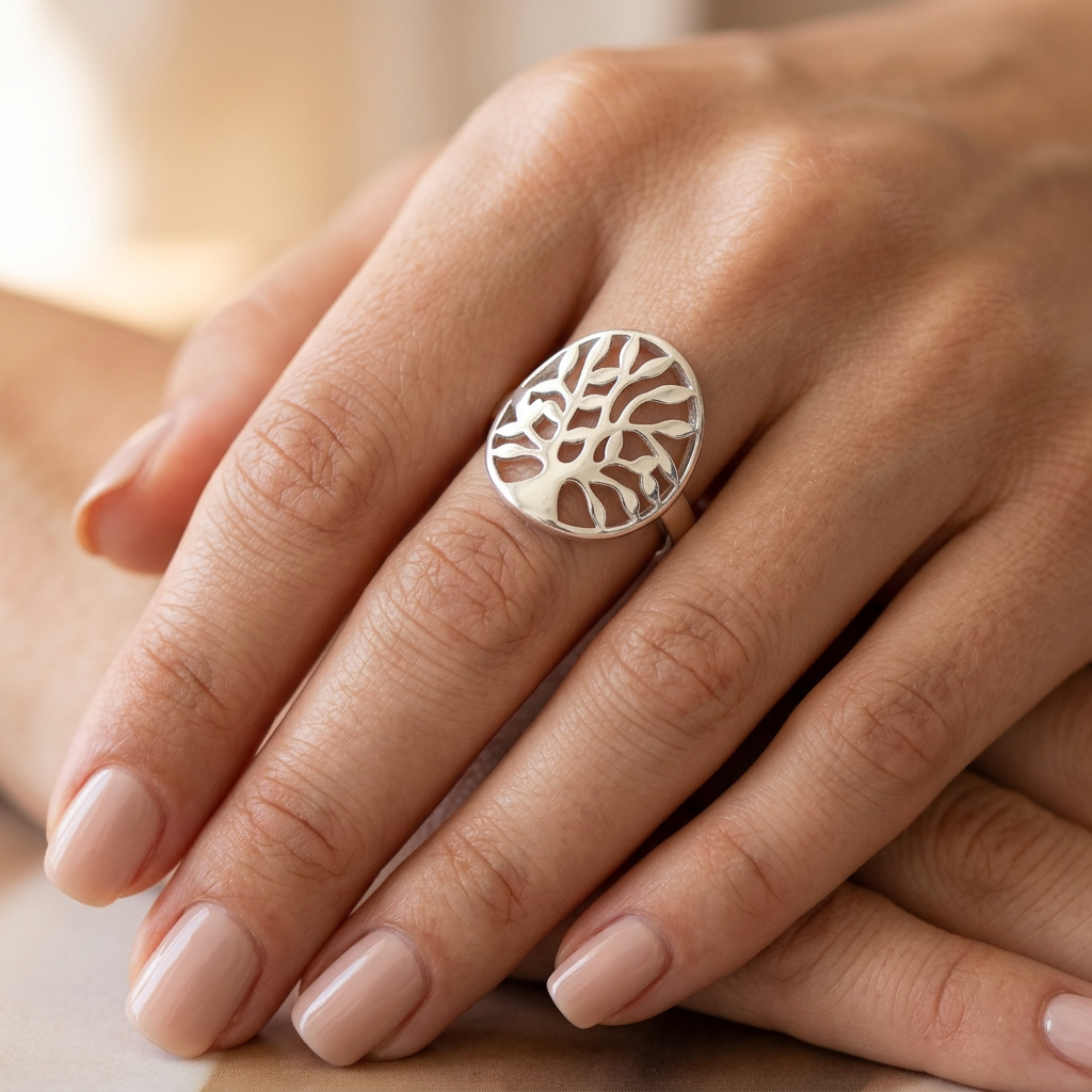Sterling Silver 16.1mm Oval Openwork Tree of Life Statement Ring for Women model