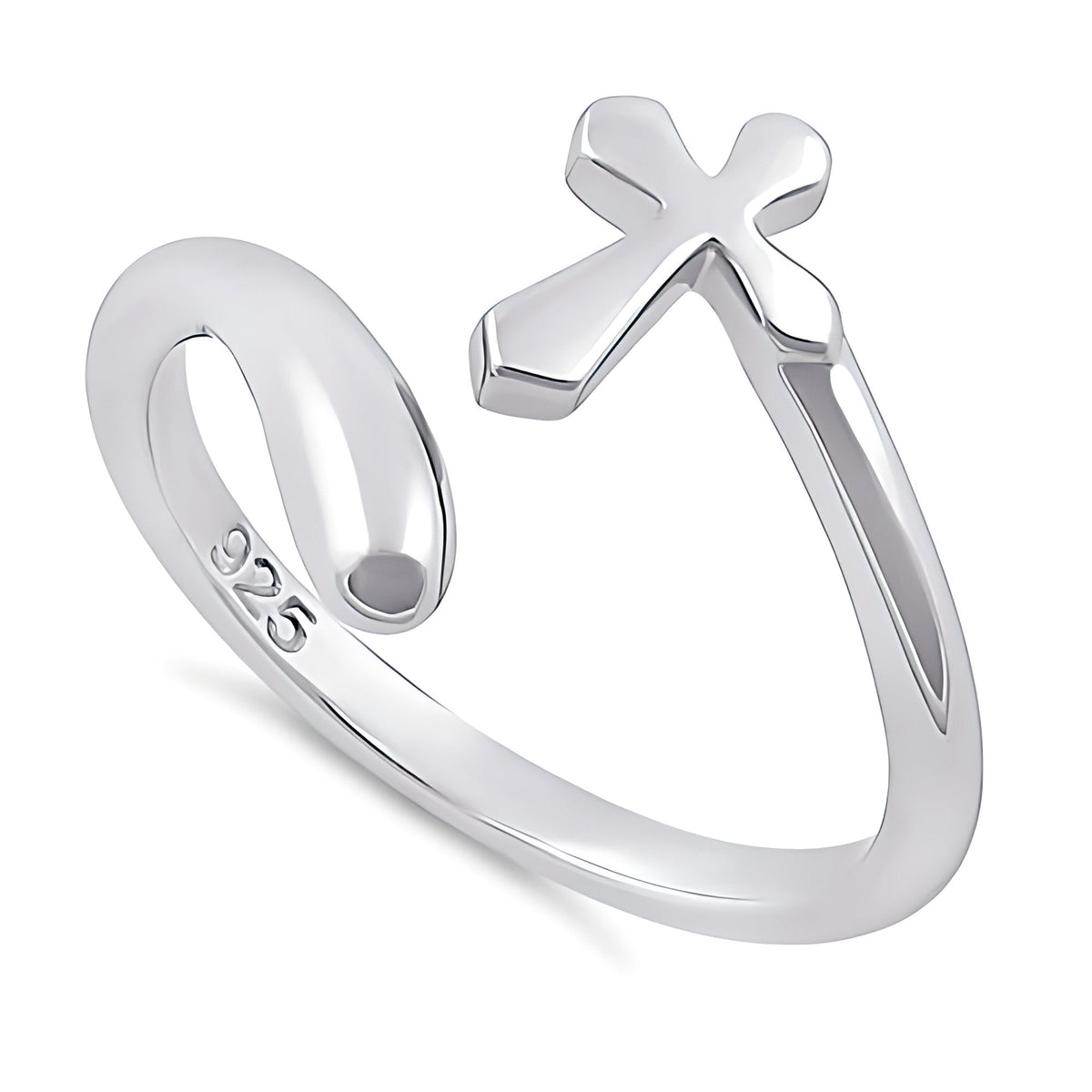 Sterling Silver 2mm Sideways Cross Open Wrap Adjustable Faith Ring for Women