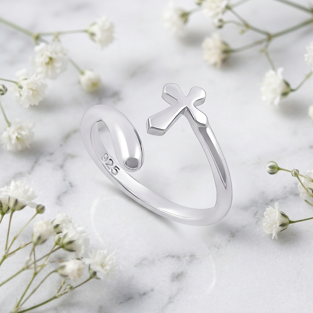 Sterling Silver 2mm Sideways Cross Open Wrap Adjustable Faith Ring for Women life1