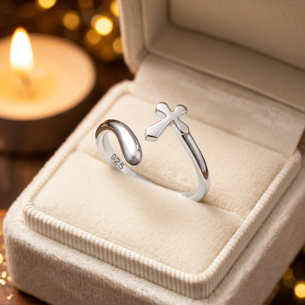 Sterling Silver 2mm Sideways Cross Open Wrap Adjustable Faith Ring for Women life3