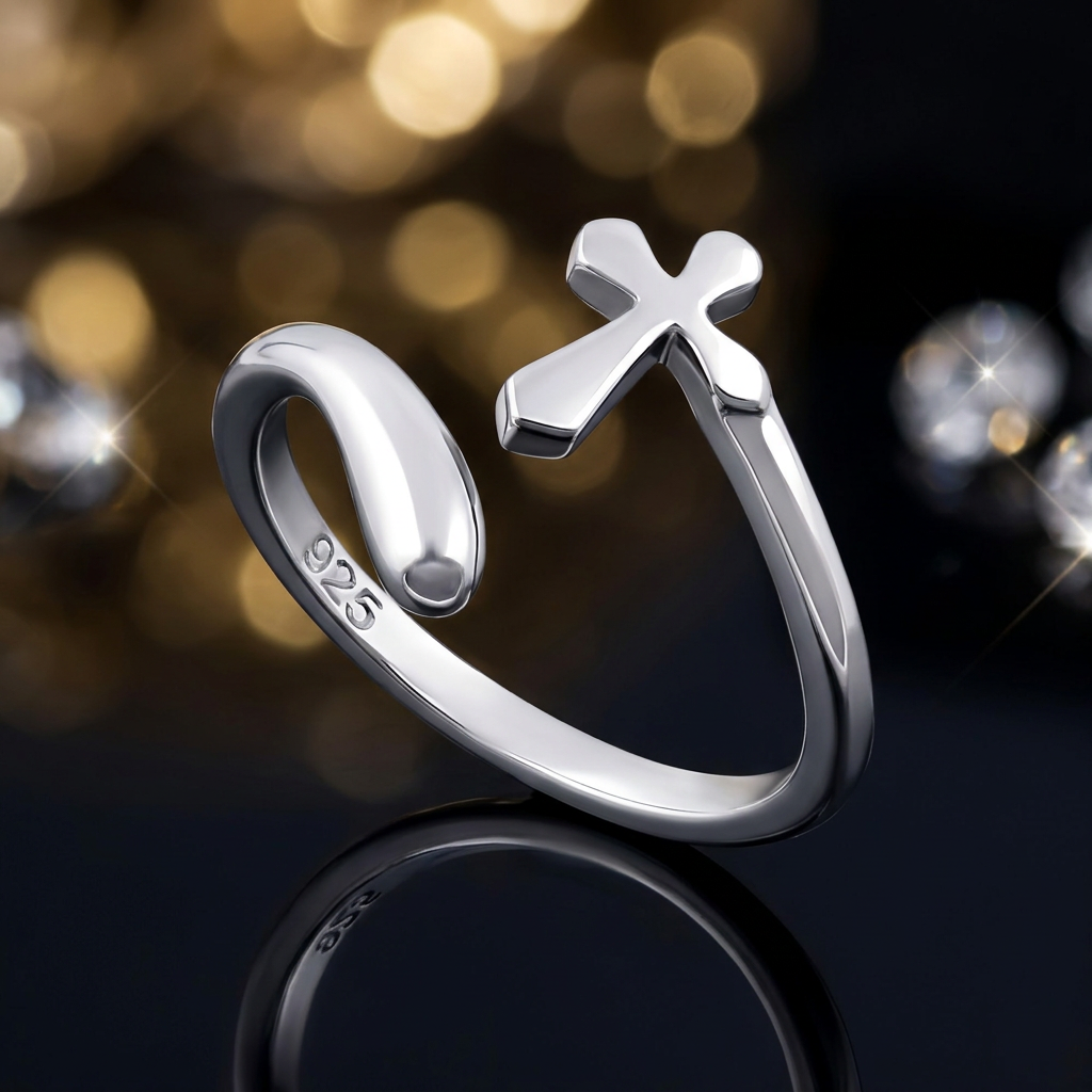 Sterling Silver 2mm Sideways Cross Open Wrap Adjustable Faith Ring for Women life4