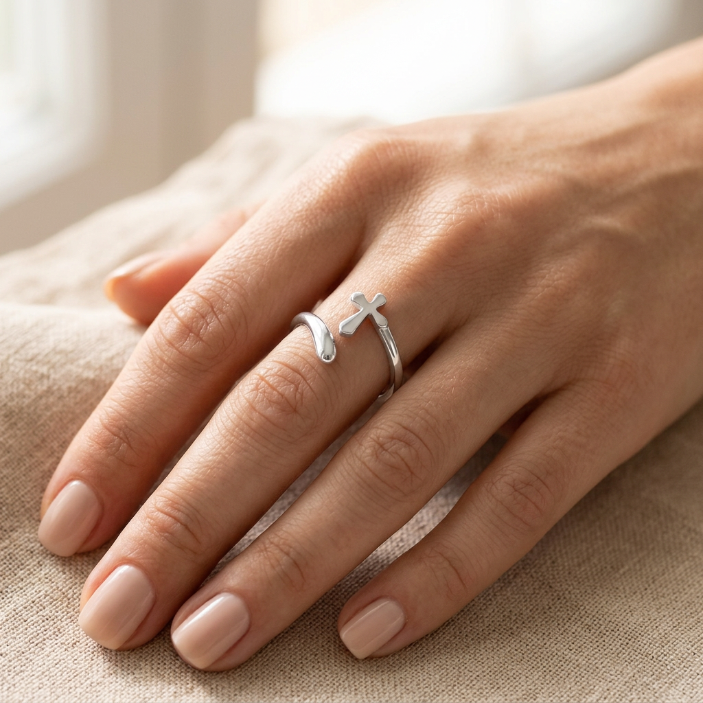 Sterling Silver 2mm Sideways Cross Open Wrap Adjustable Faith Ring for Women model