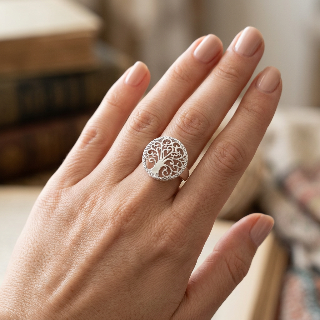 Sterling Silver Swirl Branch Tree of Life Braided Border Ring for Women model